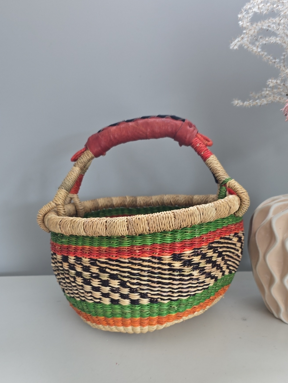 Small Handmade Woven Basket with Leather